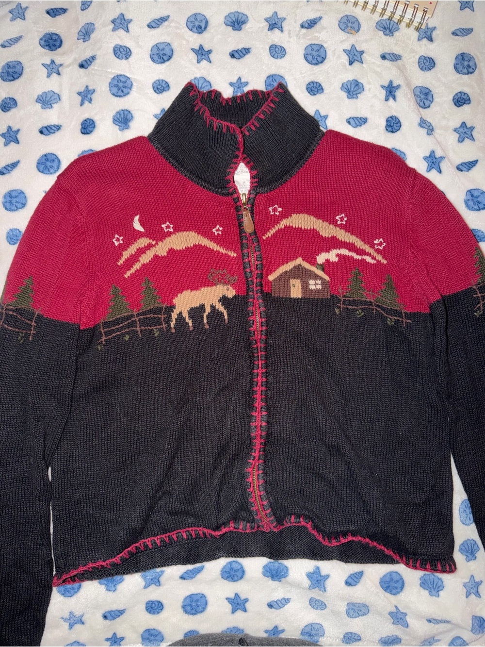 Red and Black Women's Zip-Up Scenic Knit Sweater